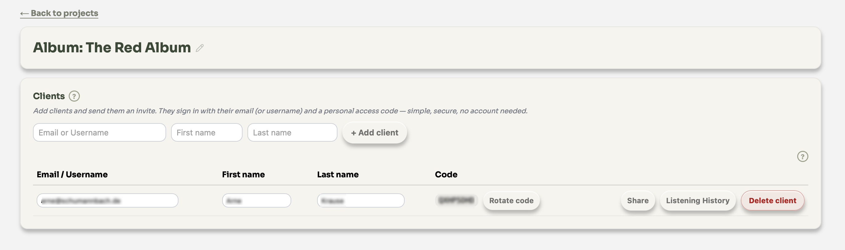 Clients list โ client row with Share and Delete client
