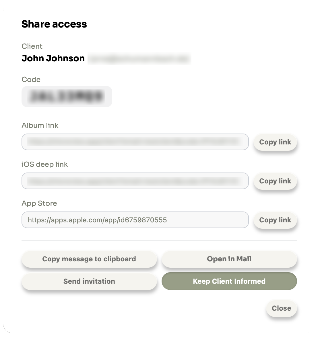 Share modal โ with email address (all actions available)