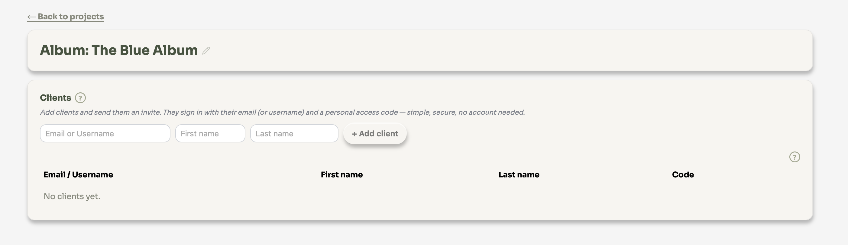 Clients section โ empty state with username/email and name fields