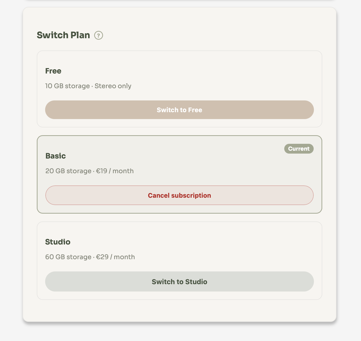 Switch Plan โ Free, Basic and Studio options