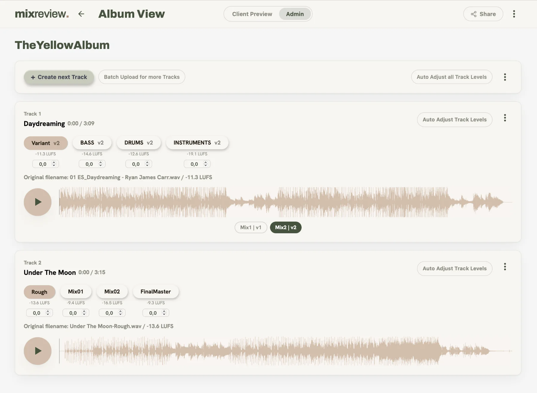 MixReview album view on desktop: two tracks with their mix versions and stems, loudness in LUFS and waveforms